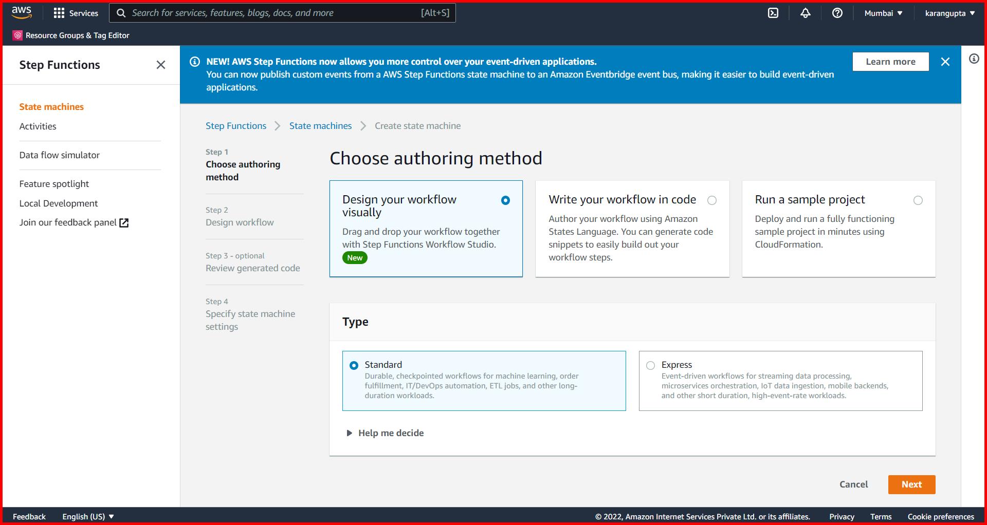 Picture showing the first step of create state machine wizard in AWS console
